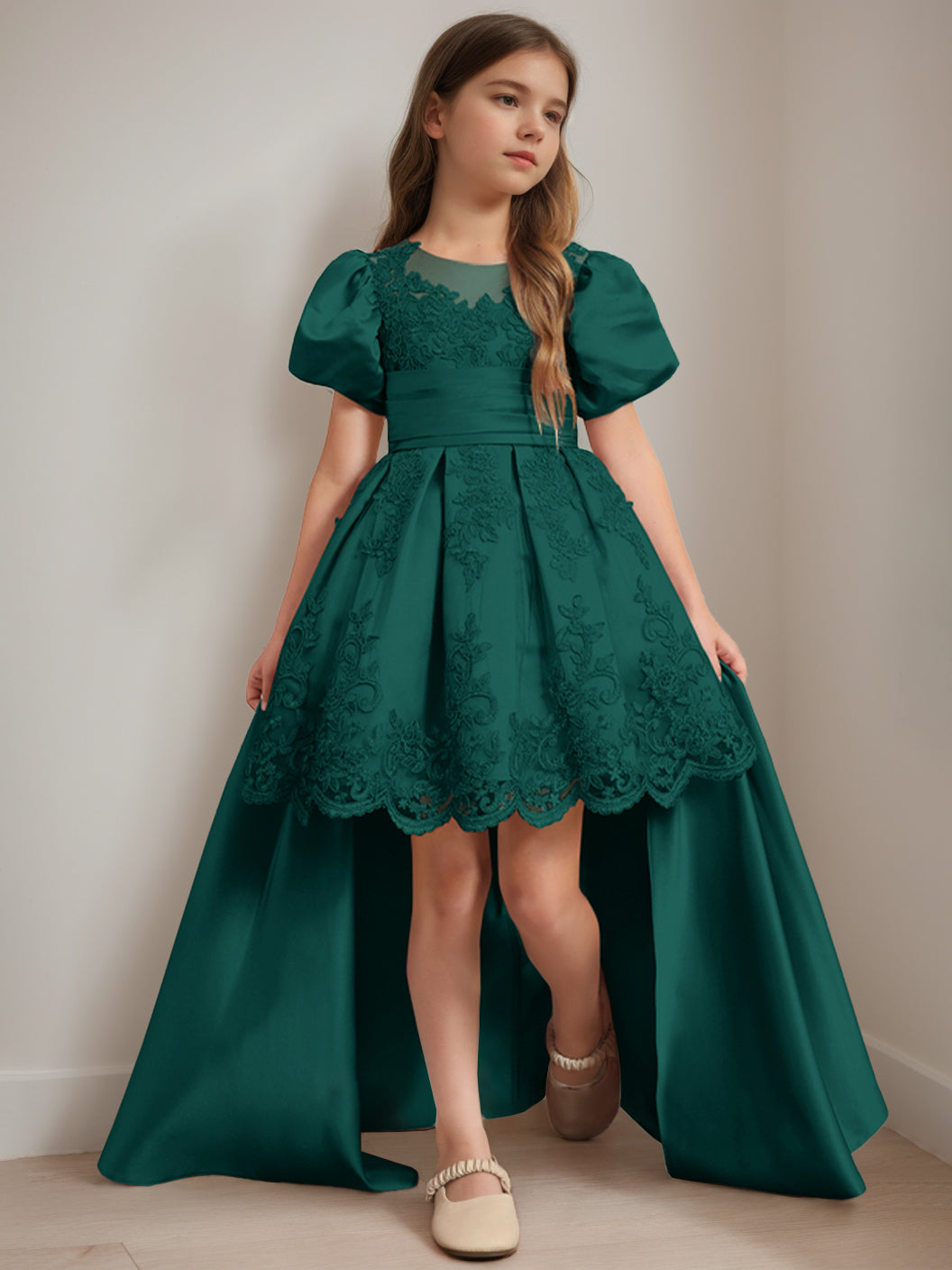 Ball-Gown Scoop Neck Short Sleeves Knee-Length Flower Girl Dress with Appliques Emerald