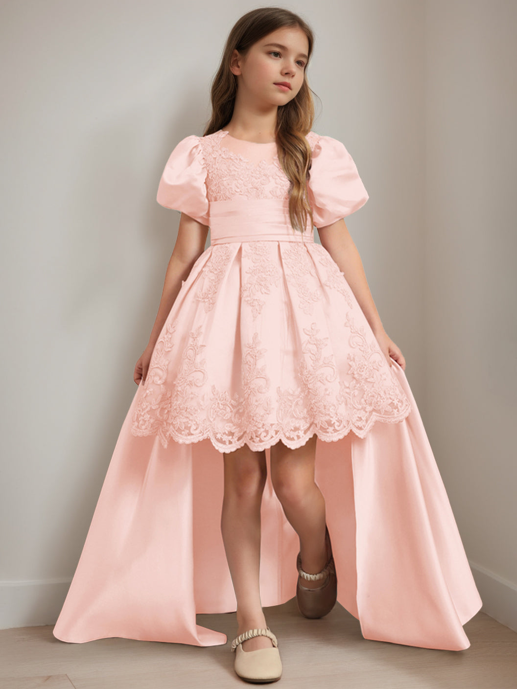 Ball-Gown Scoop Neck Short Sleeves Knee-Length Flower Girl Dress with Appliques Pearl Pink