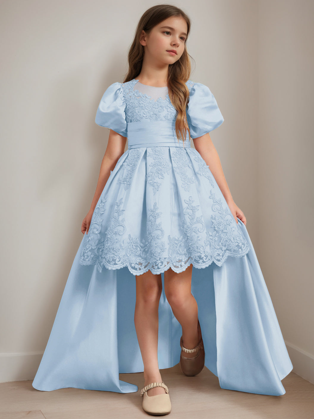 Ball-Gown Scoop Neck Short Sleeves Knee-Length Flower Girl Dress with Appliques Sky Blue