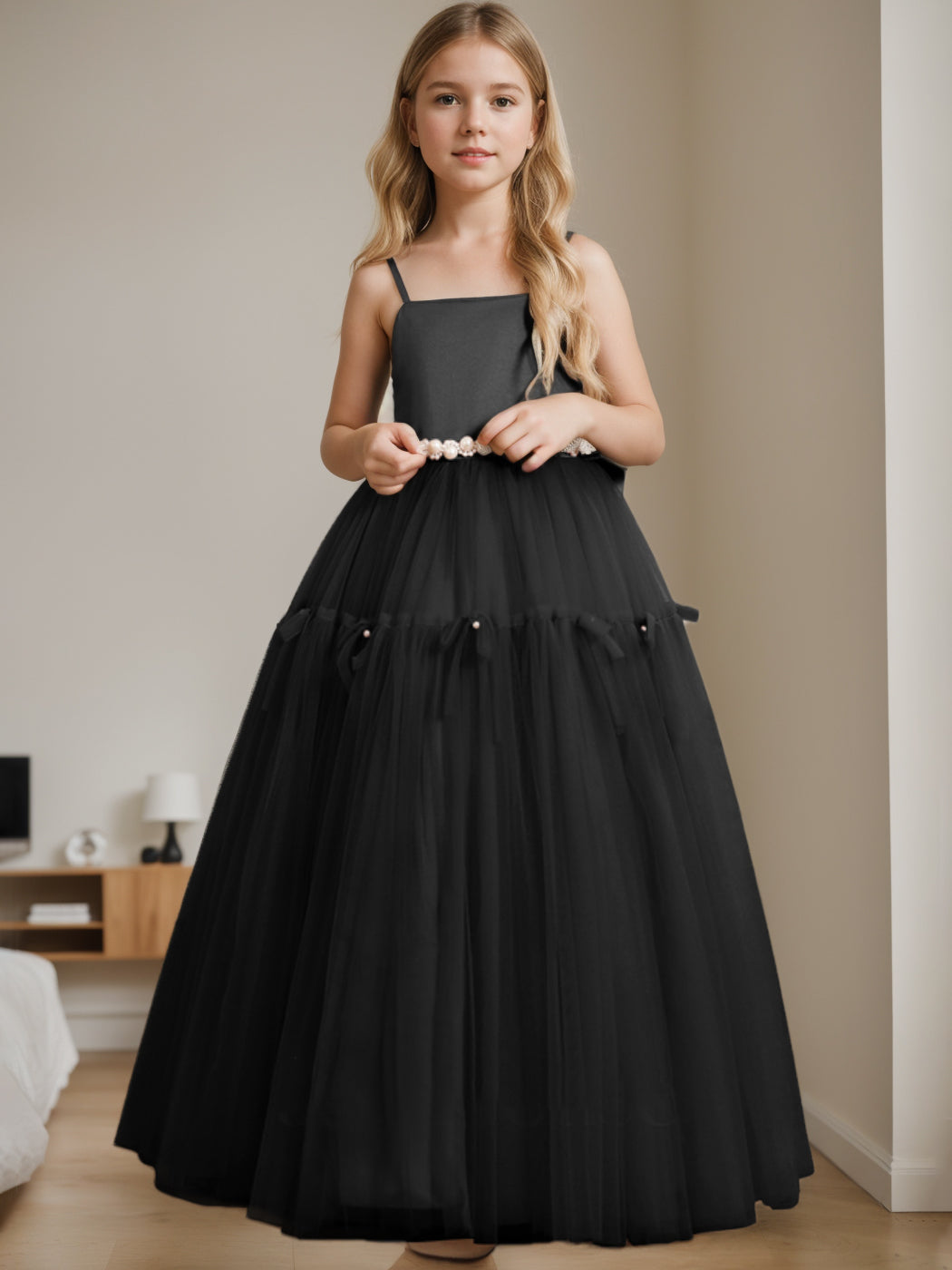 A-Line/Princess Square Neck Sleeveless Floor-Length Flower Girl Dress with Beading Black