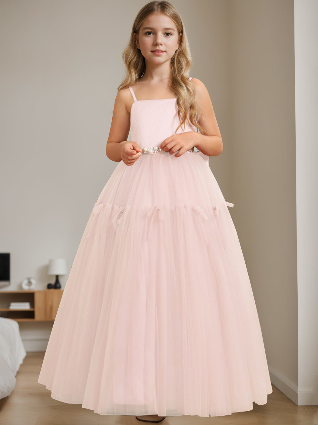 A-Line/Princess Square Neck Sleeveless Floor-Length Flower Girl Dress with Beading Blush Pink