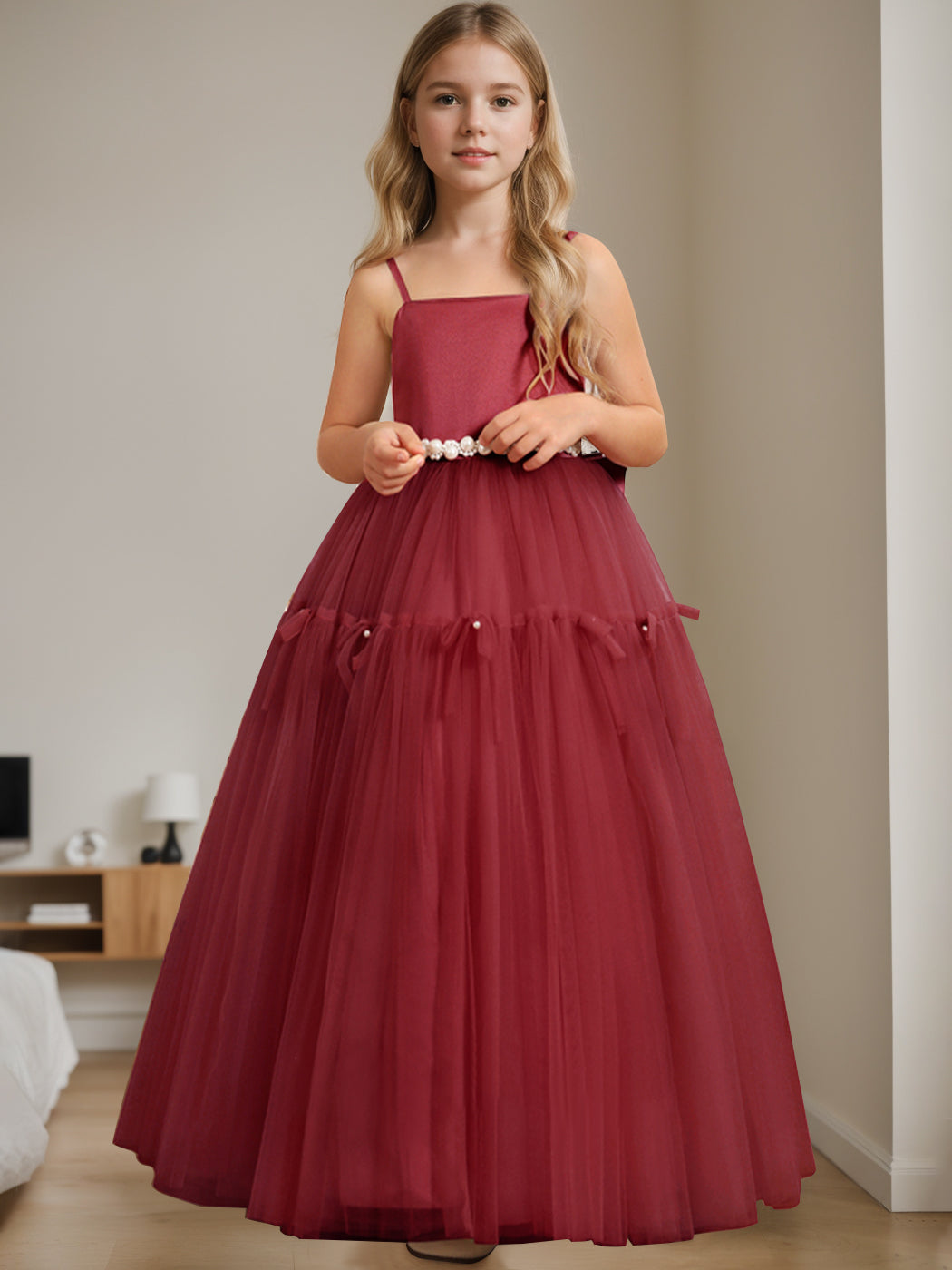 A-Line/Princess Square Neck Sleeveless Floor-Length Flower Girl Dress with Beading Burgundy