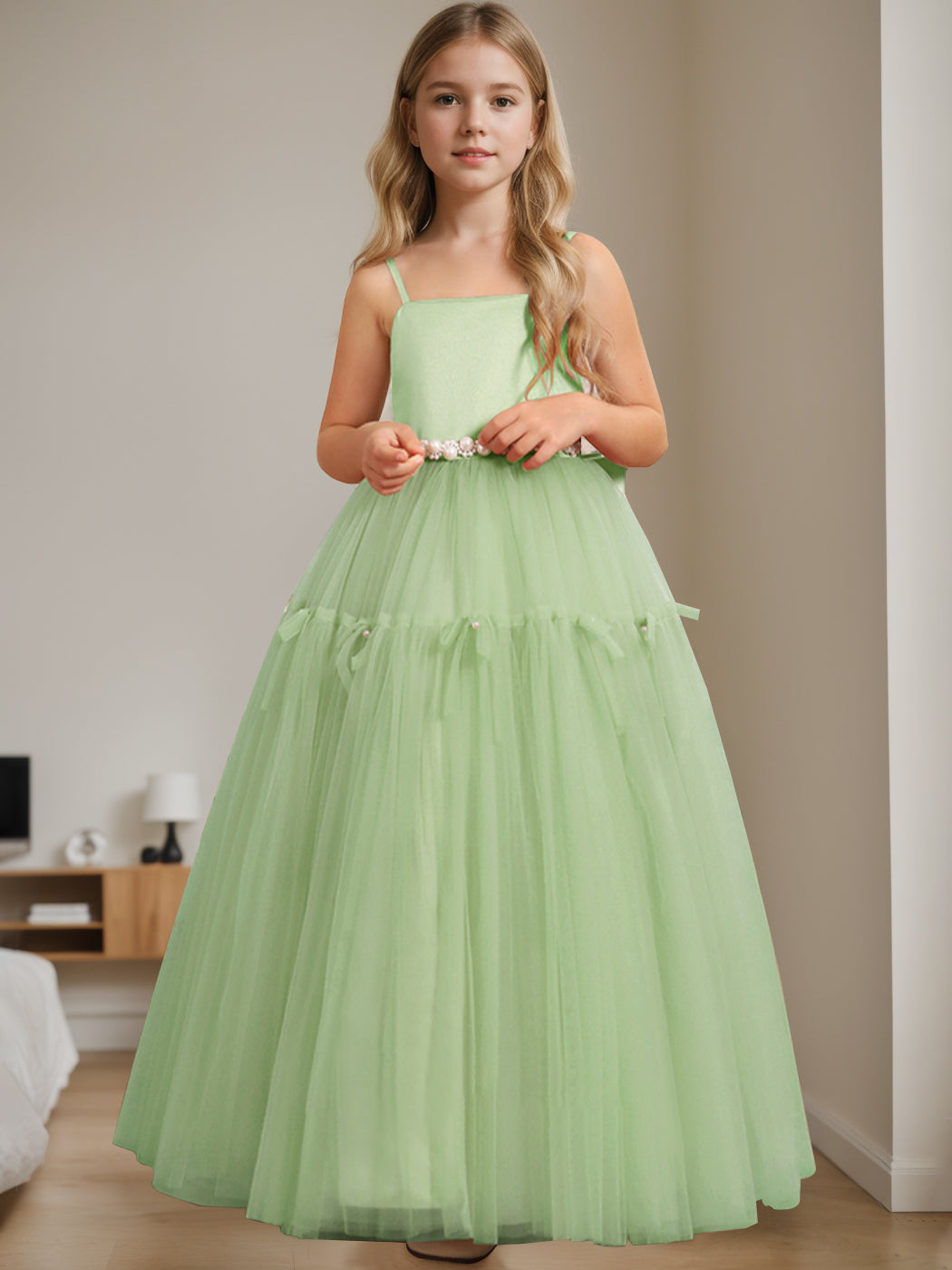 A-Line/Princess Square Neck Sleeveless Floor-Length Flower Girl Dress with Beading Celadon