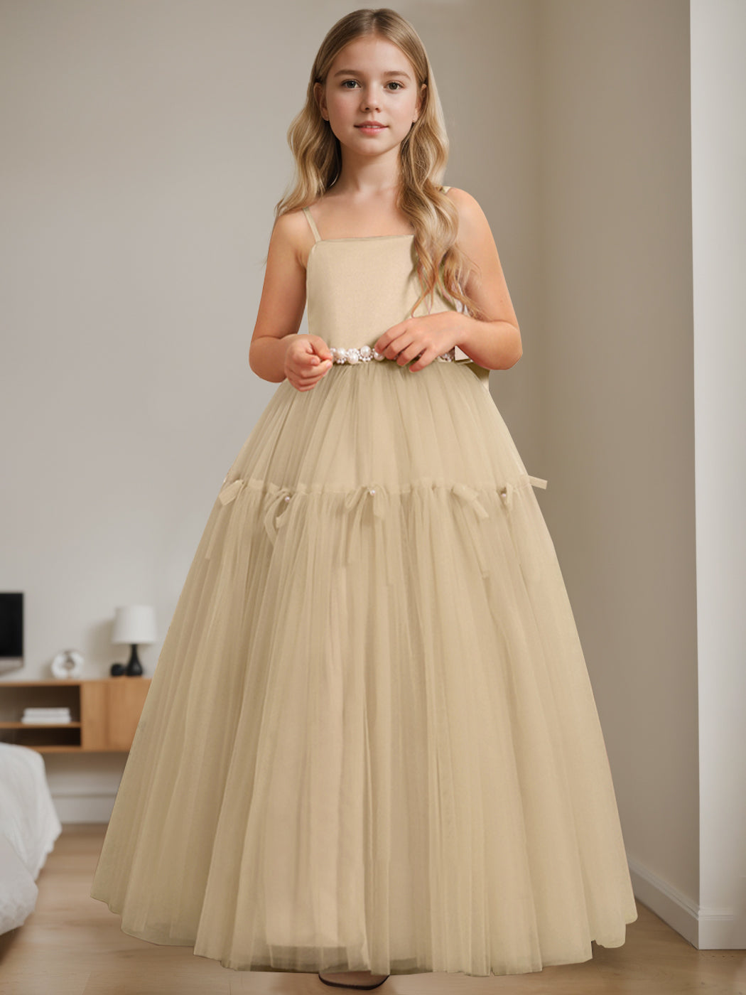 A-Line/Princess Square Neck Sleeveless Floor-Length Flower Girl Dress with Beading Champagne