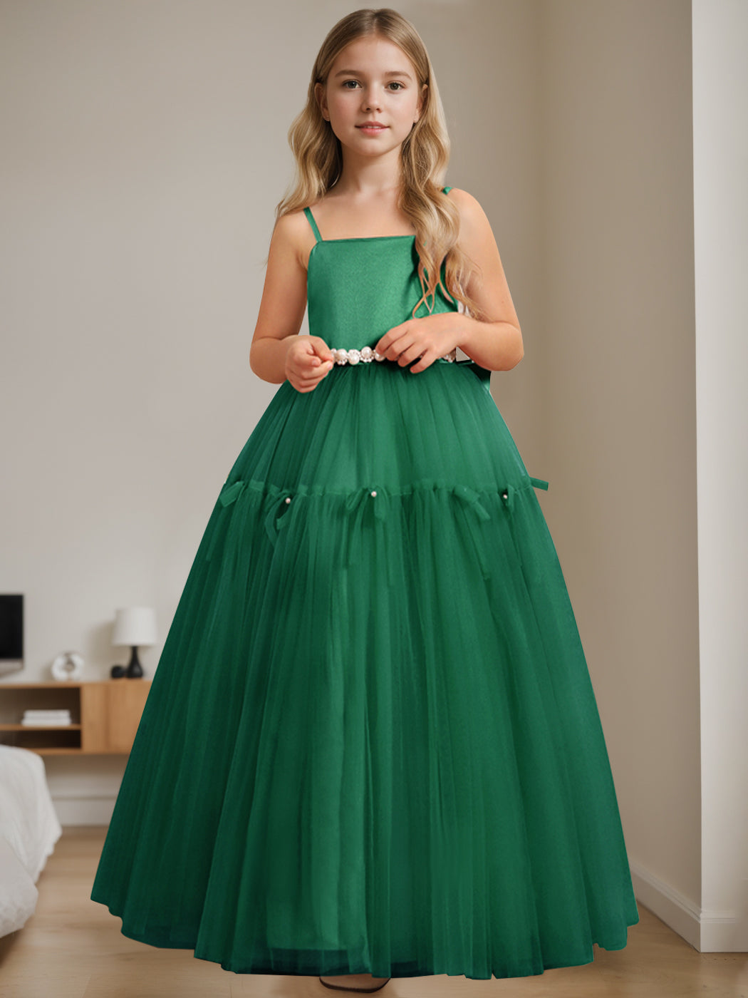 A-Line/Princess Square Neck Sleeveless Floor-Length Flower Girl Dress with Beading Dark Green