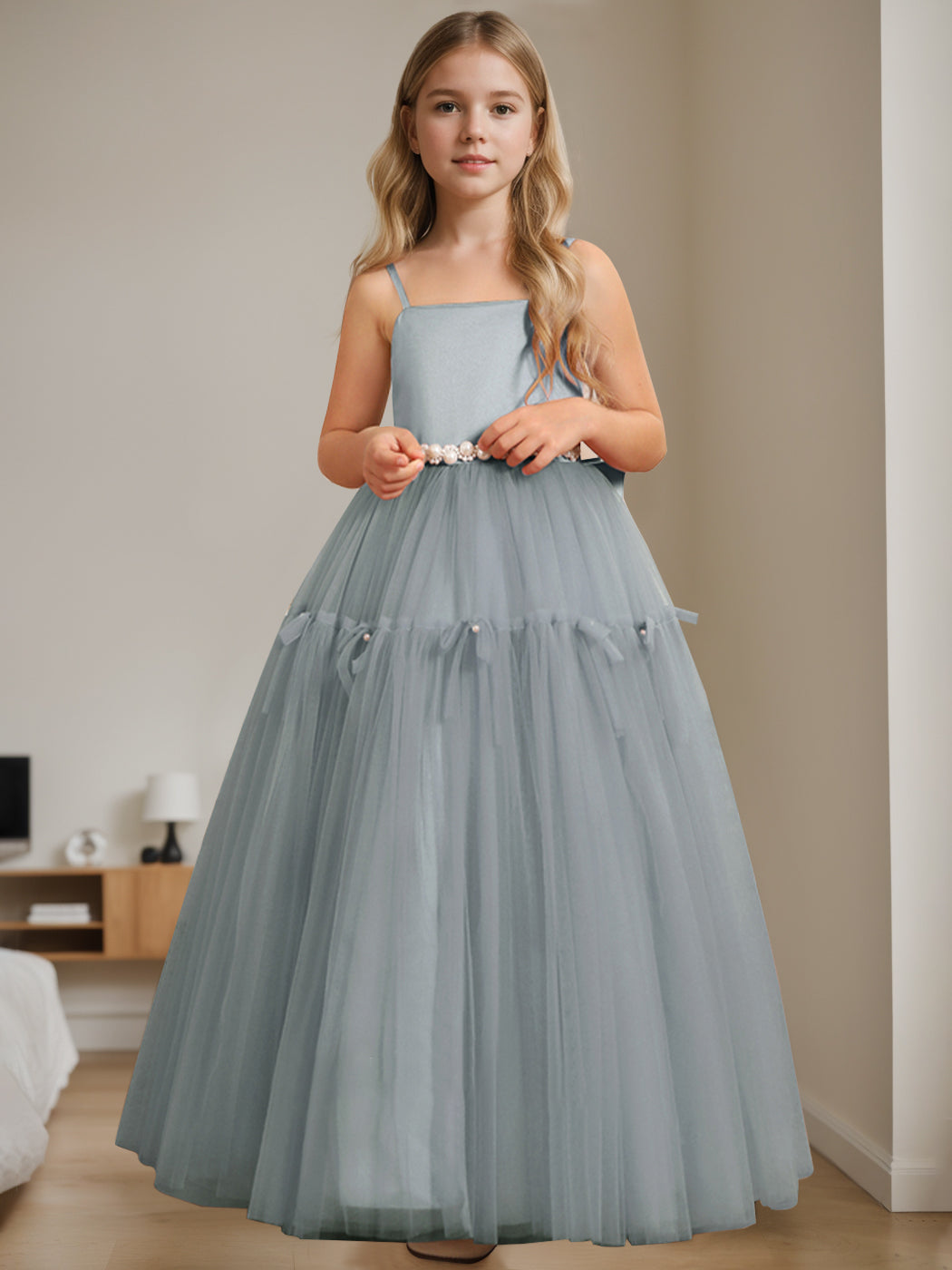 A-Line/Princess Square Neck Sleeveless Floor-Length Flower Girl Dress with Beading Dusty Blue