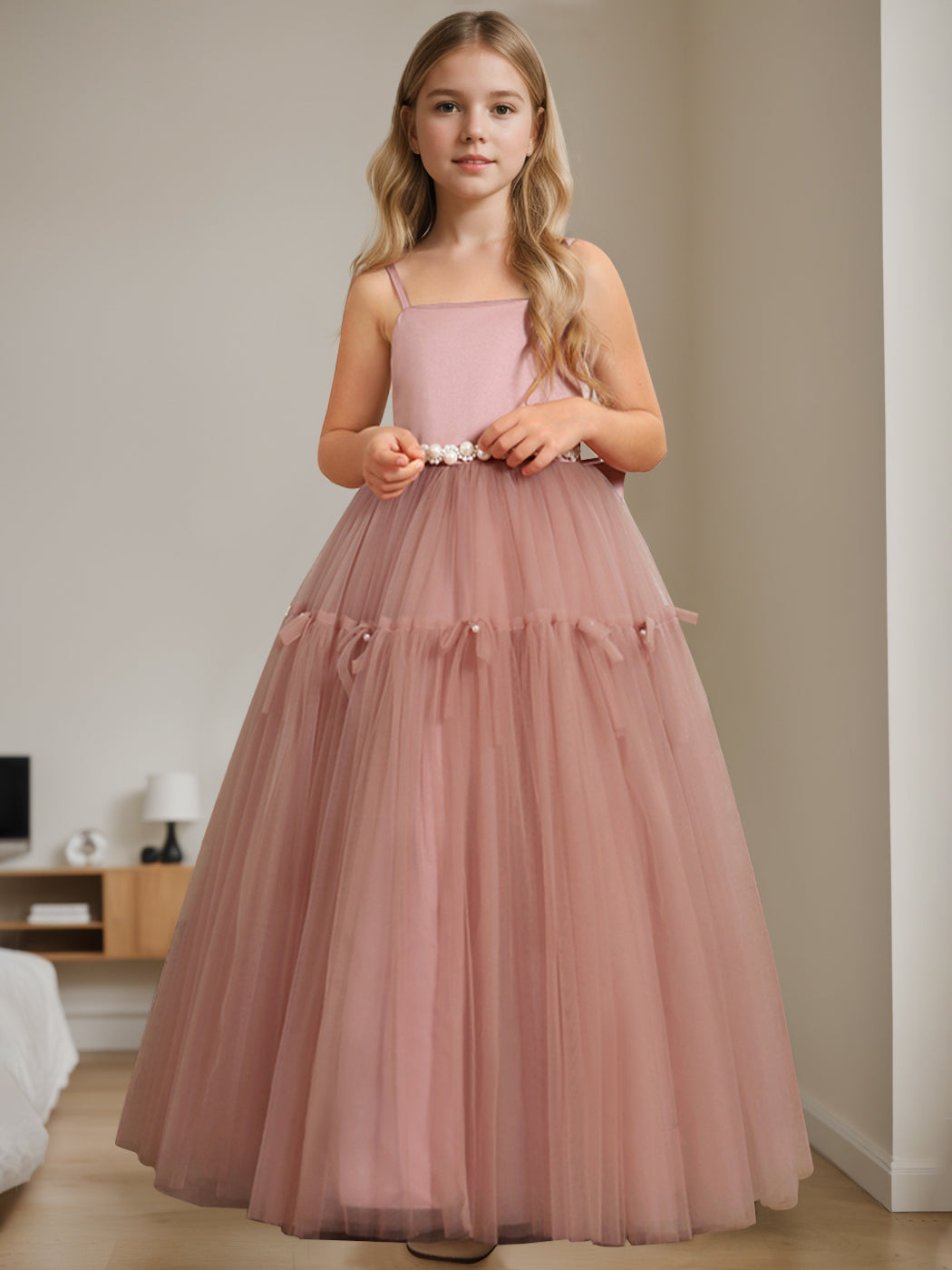 A-Line/Princess Square Neck Sleeveless Floor-Length Flower Girl Dress with Beading Dusty Rose