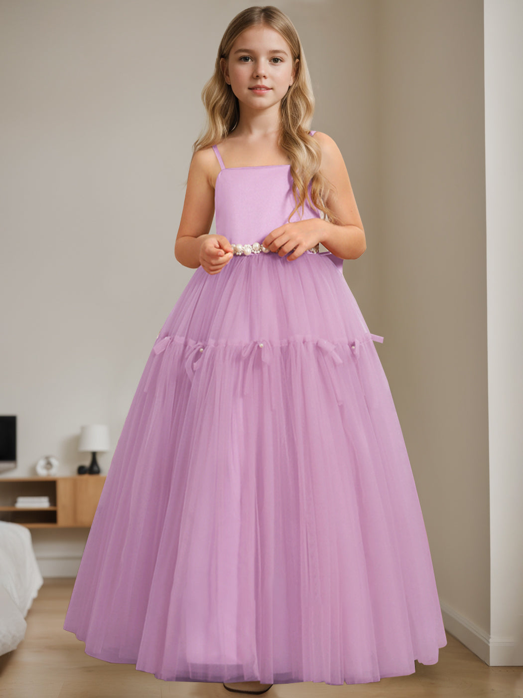 A-Line/Princess Square Neck Sleeveless Floor-Length Flower Girl Dress with Beading Lilac