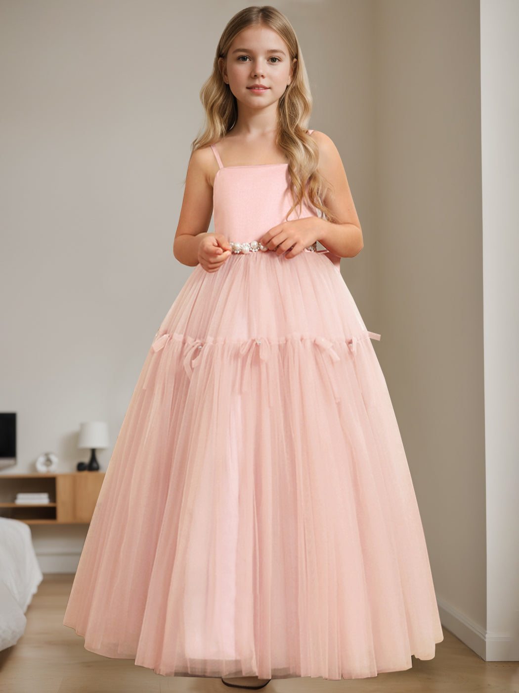 A-Line/Princess Square Neck Sleeveless Floor-Length Flower Girl Dress with Beading Pearl Pink