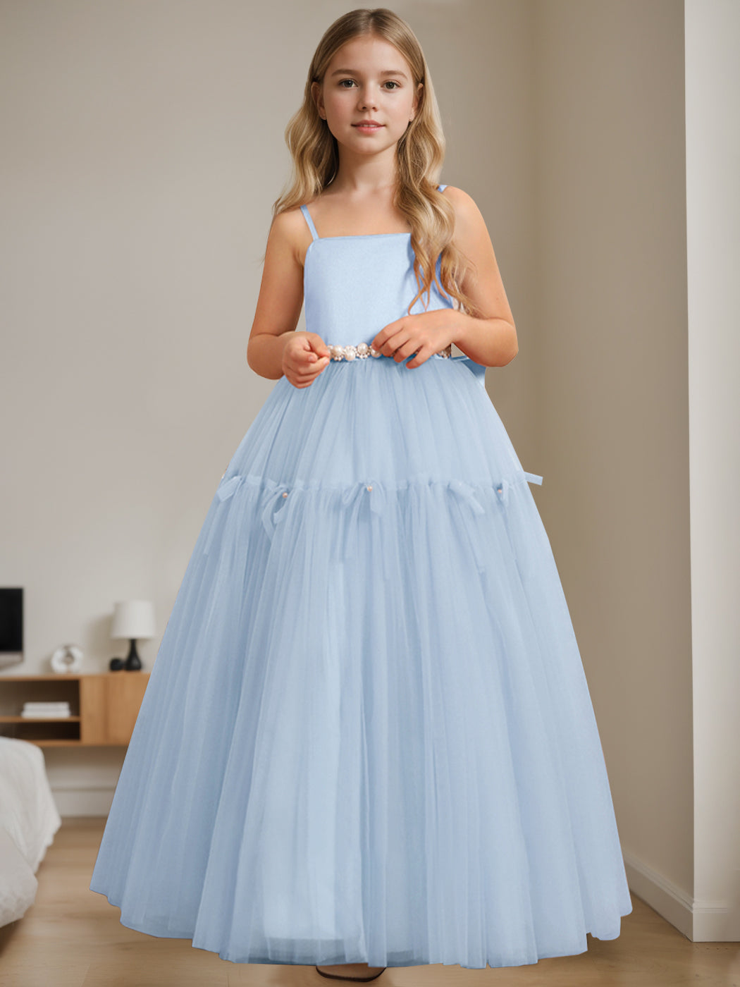 A-Line/Princess Square Neck Sleeveless Floor-Length Flower Girl Dress with Beading Sky Blue