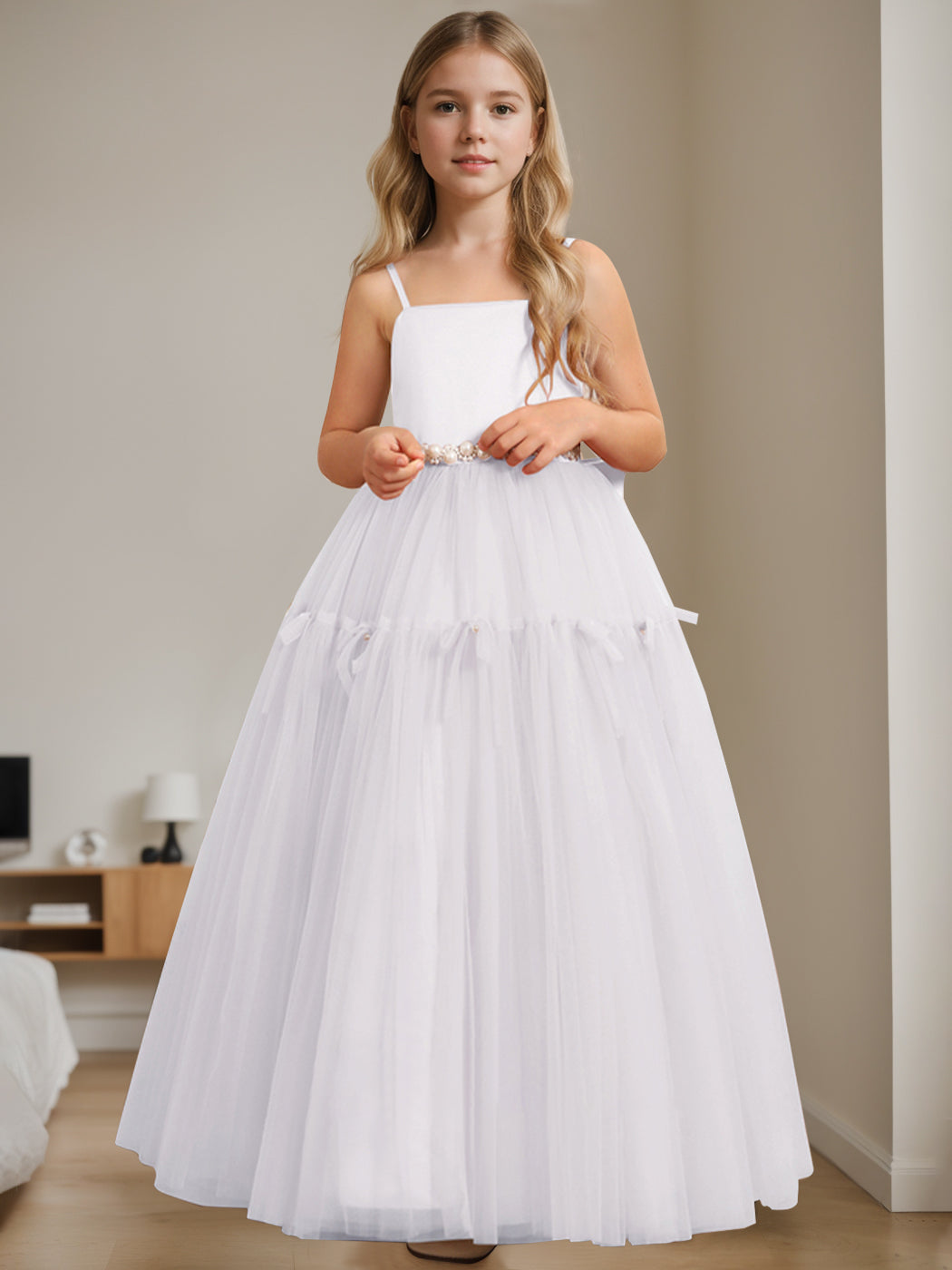 A-Line/Princess Square Neck Sleeveless Floor-Length Flower Girl Dress with Beading White