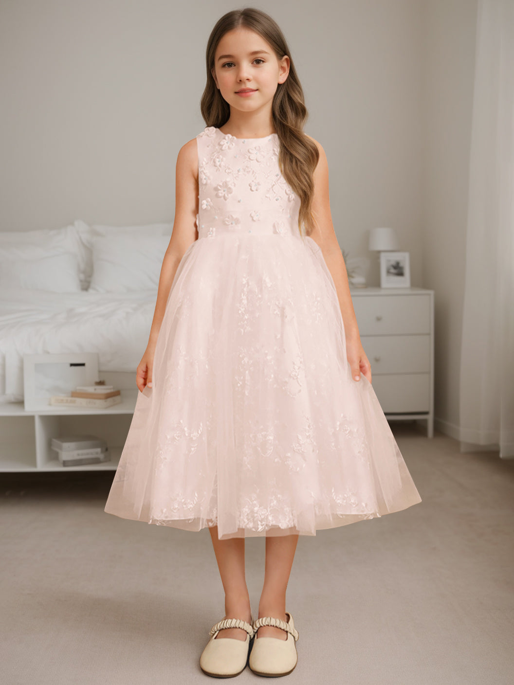 A-Line/Princess Scoop Neck Sleeveless Tea-Length Flower Girl Dress with Beading Blush Pink