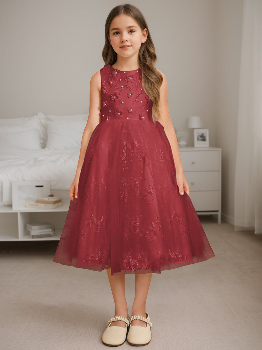 A-Line/Princess Scoop Neck Sleeveless Tea-Length Flower Girl Dress with Beading Burgundy