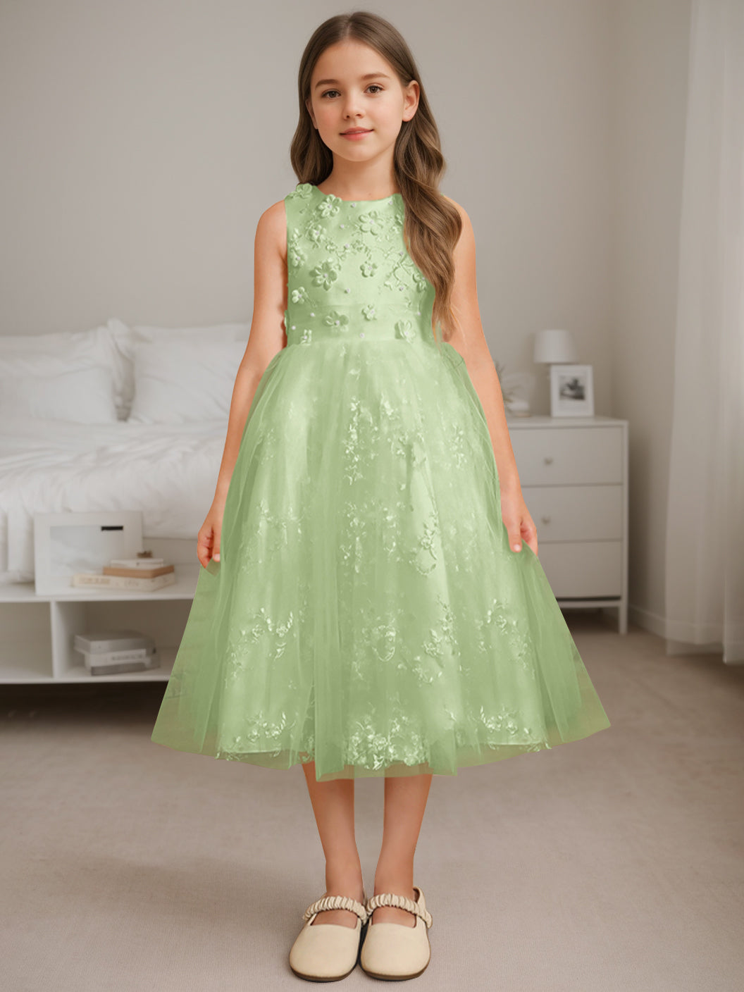 A-Line/Princess Scoop Neck Sleeveless Tea-Length Flower Girl Dress with Beading Celadon