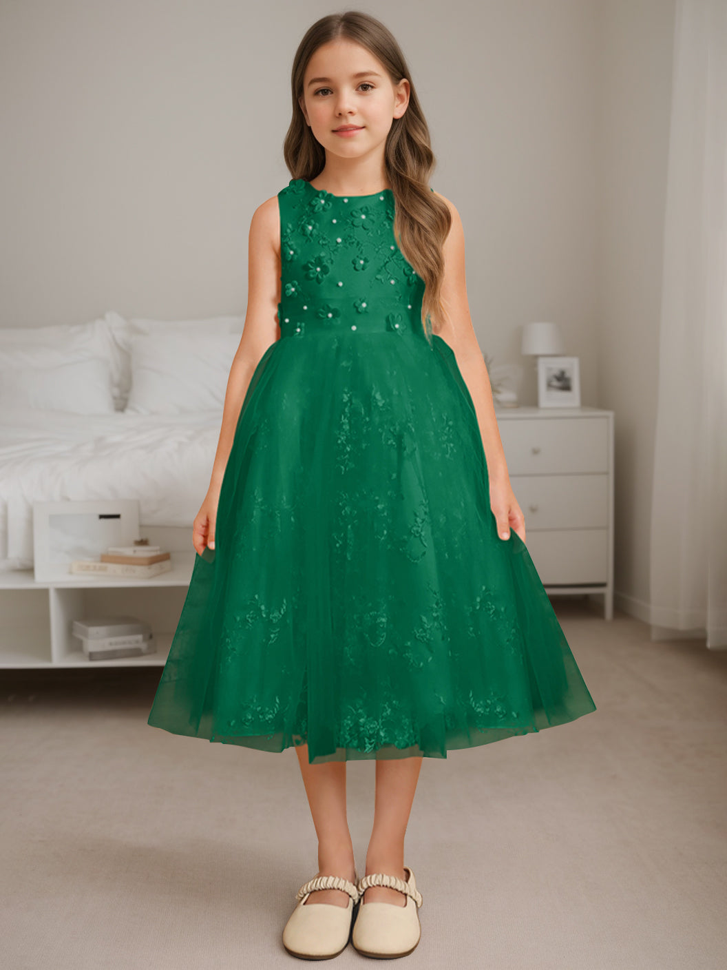A-Line/Princess Scoop Neck Sleeveless Tea-Length Flower Girl Dress with Beading Dark Green