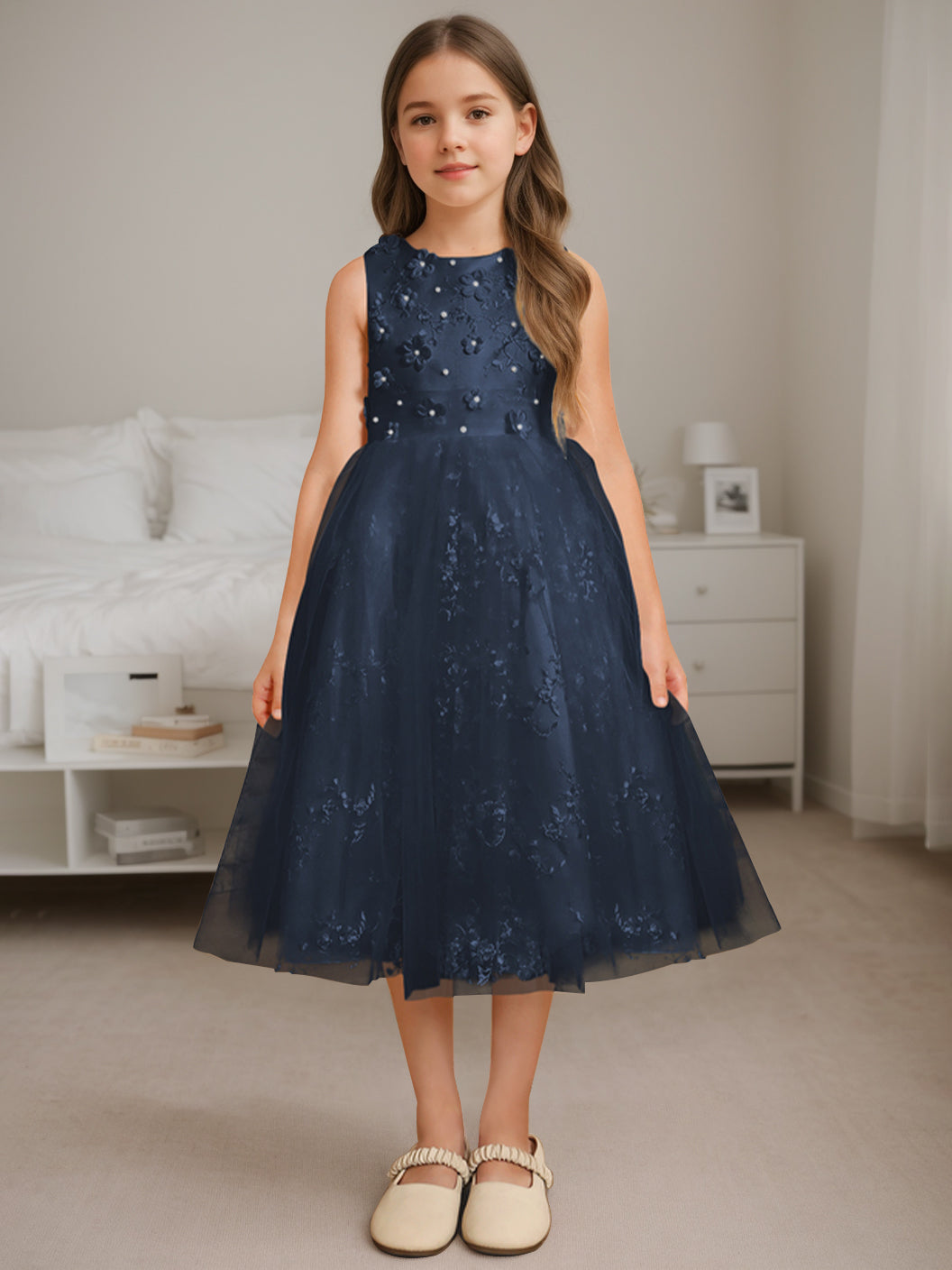 A-Line/Princess Scoop Neck Sleeveless Tea-Length Flower Girl Dress with Beading Dark Navy