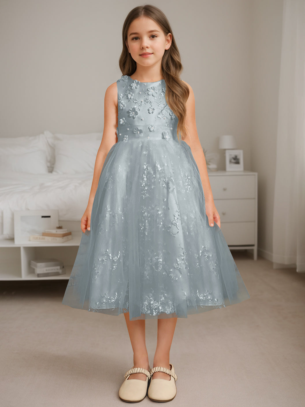 A-Line/Princess Scoop Neck Sleeveless Tea-Length Flower Girl Dress with Beading Dusty Blue