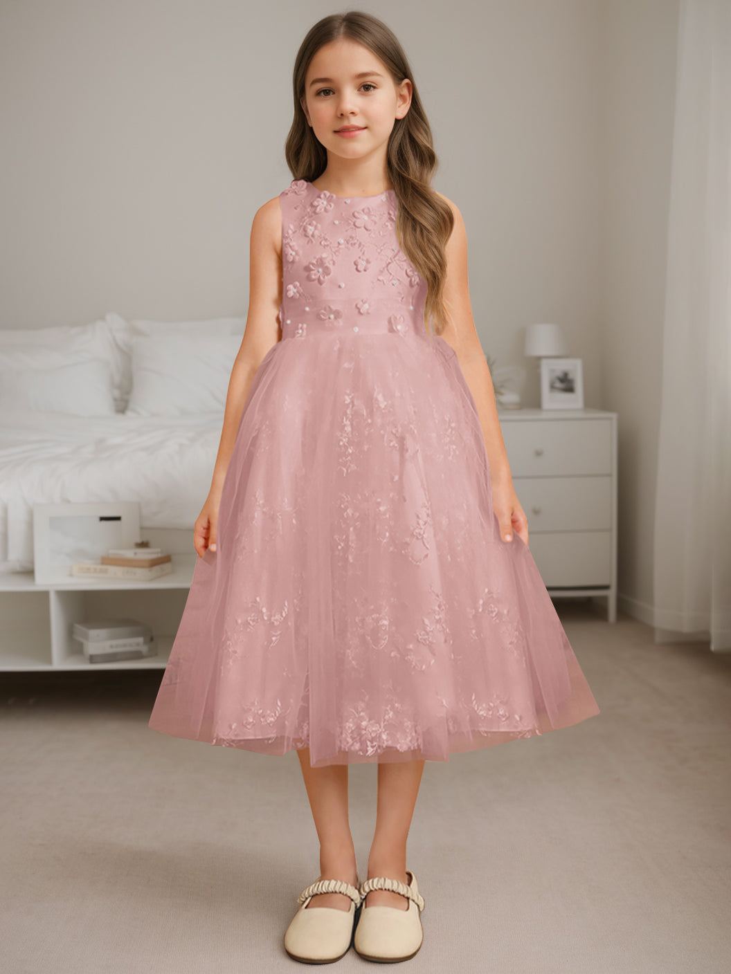 A-Line/Princess Scoop Neck Sleeveless Tea-Length Flower Girl Dress with Beading Dusty Rose