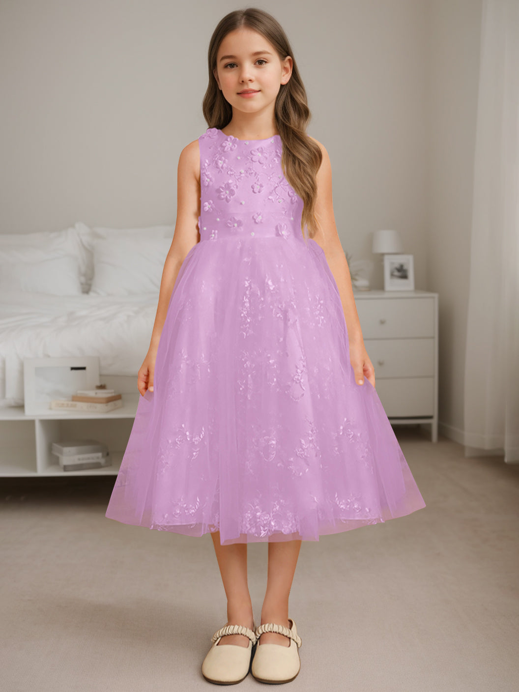 A-Line/Princess Scoop Neck Sleeveless Tea-Length Flower Girl Dress with Beading Lilac