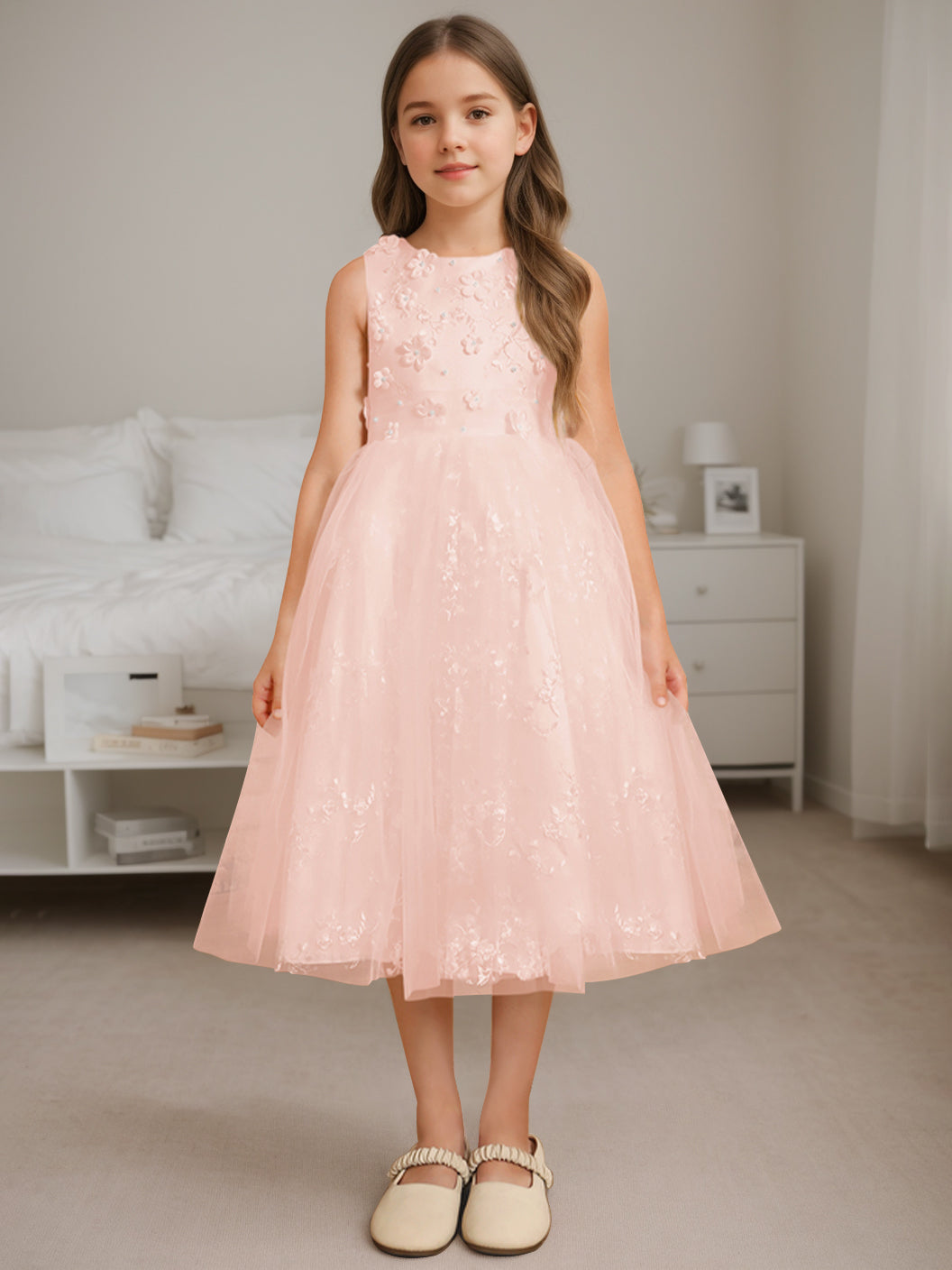 A-Line/Princess Scoop Neck Sleeveless Tea-Length Flower Girl Dress with Beading Pearl Pink