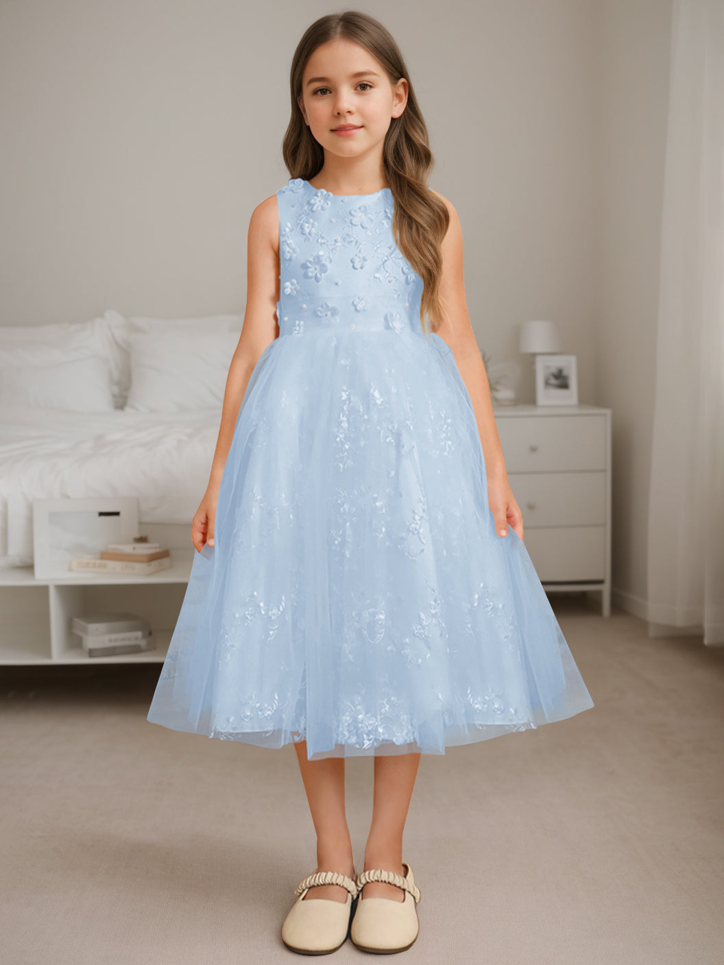 A-Line/Princess Scoop Neck Sleeveless Tea-Length Flower Girl Dress with Beading Sky Blue