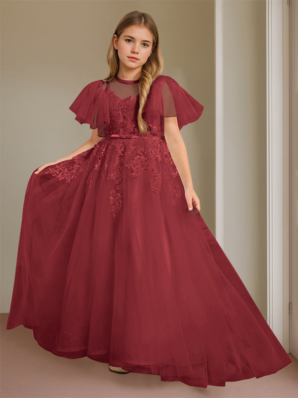 Ball-Gown Jewel Neck Short Sleeves Floor-Length Flower Girl Dress with Lace Burgundy