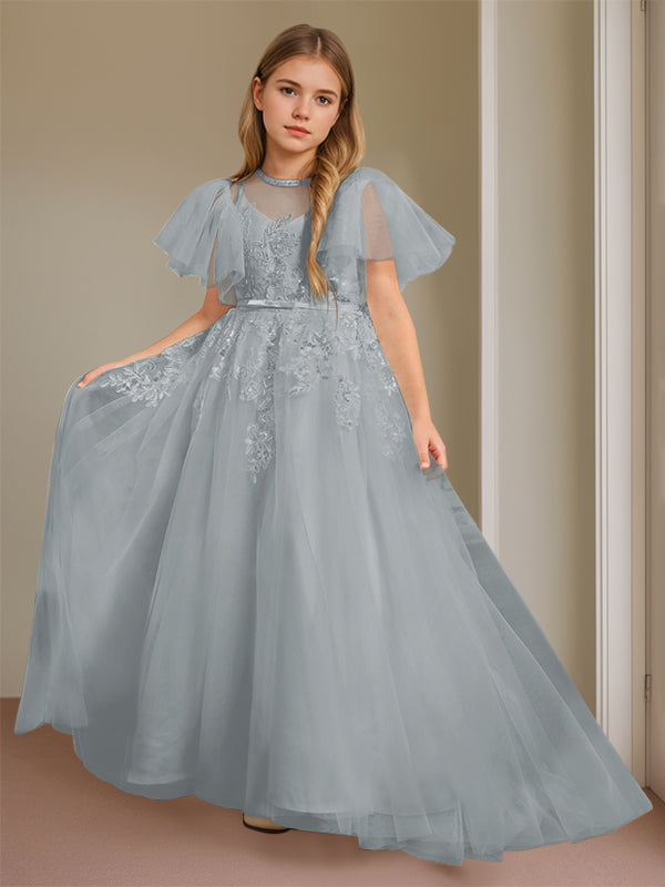 Ball-Gown Jewel Neck Short Sleeves Floor-Length Flower Girl Dress with Lace Dusty Blue