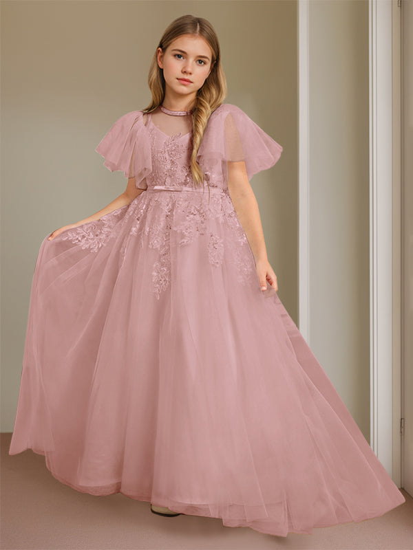 Ball-Gown Jewel Neck Short Sleeves Floor-Length Flower Girl Dress with Lace Dusty Rose
