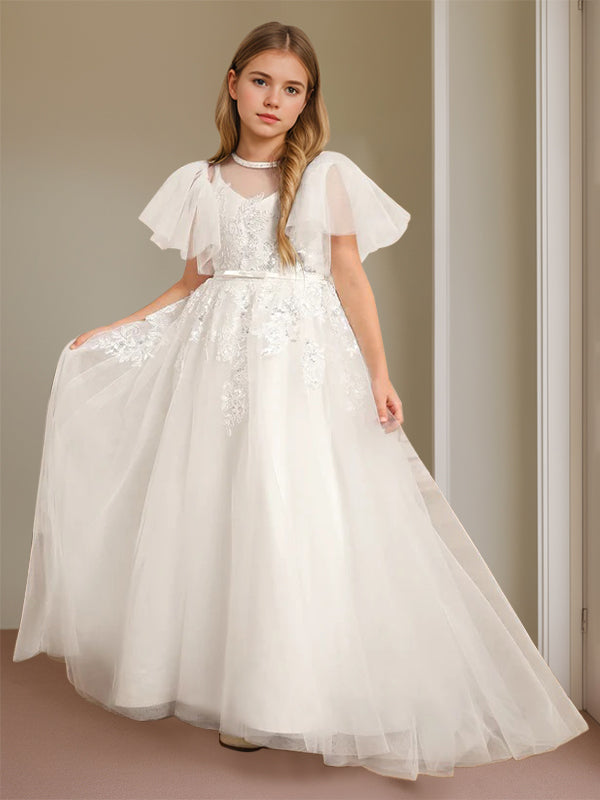 Ball-Gown Jewel Neck Short Sleeves Floor-Length Flower Girl Dress with Lace Ivory
