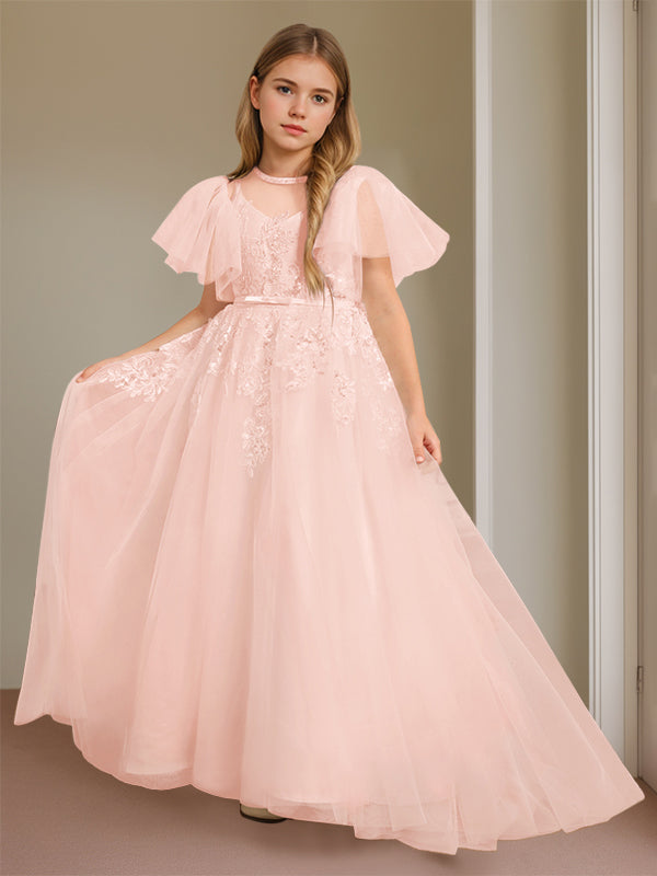 Ball-Gown Jewel Neck Short Sleeves Floor-Length Flower Girl Dress with Lace Pearl Pink