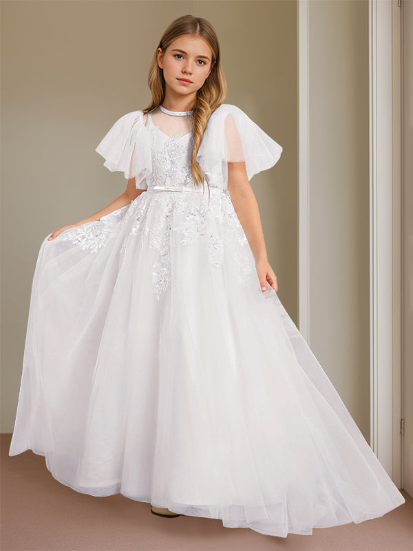 Ball-Gown Jewel Neck Short Sleeves Floor-Length Flower Girl Dress with Lace White