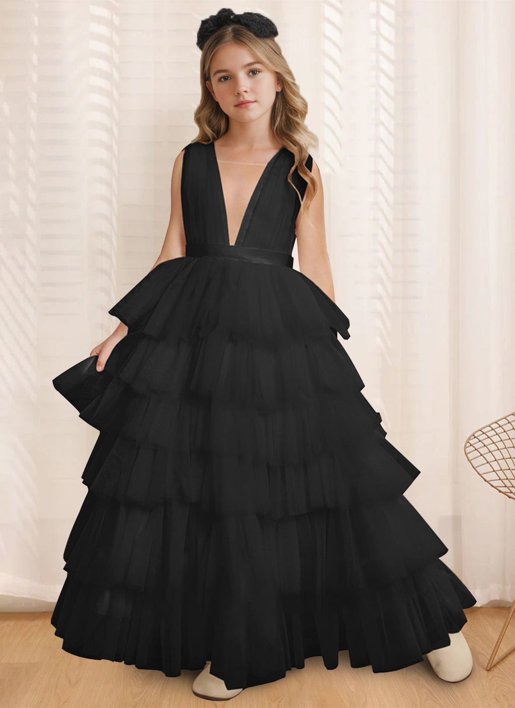 Ball-Gown V-Neck Sleeveless Floor-Length Flower Girl Dress With Ruffles Black