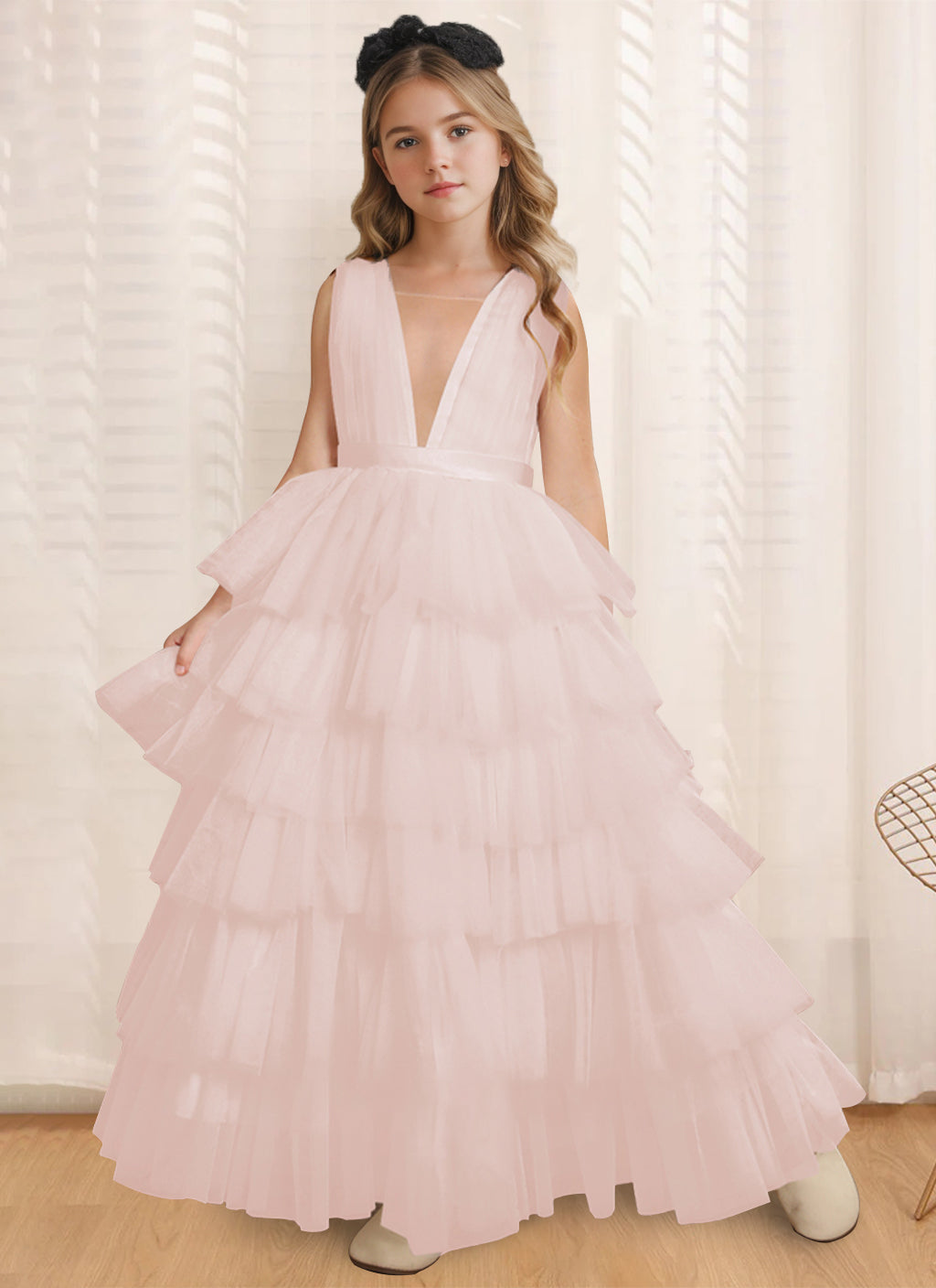 Ball-Gown V-Neck Sleeveless Floor-Length Flower Girl Dress With Ruffles Blush Pink