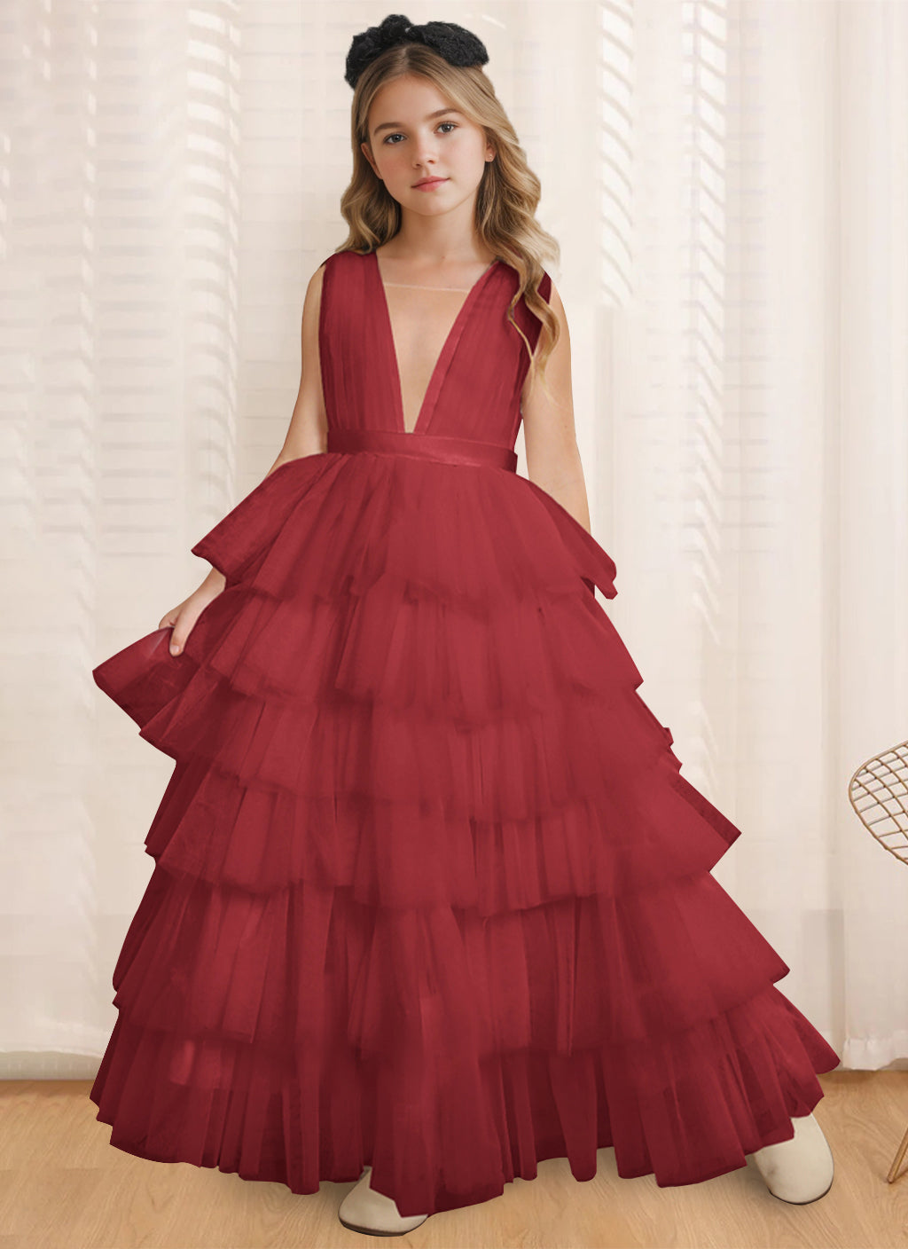 Ball-Gown V-Neck Sleeveless Floor-Length Flower Girl Dress With Ruffles Burgundy