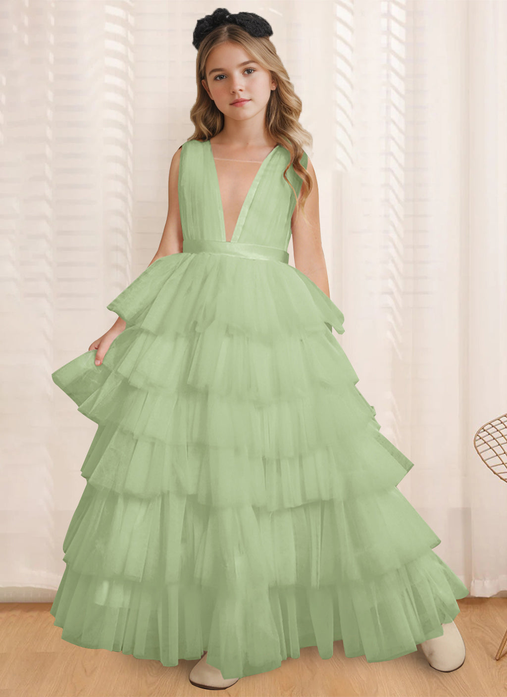 Ball-Gown V-Neck Sleeveless Floor-Length Flower Girl Dress With Ruffles Celadon