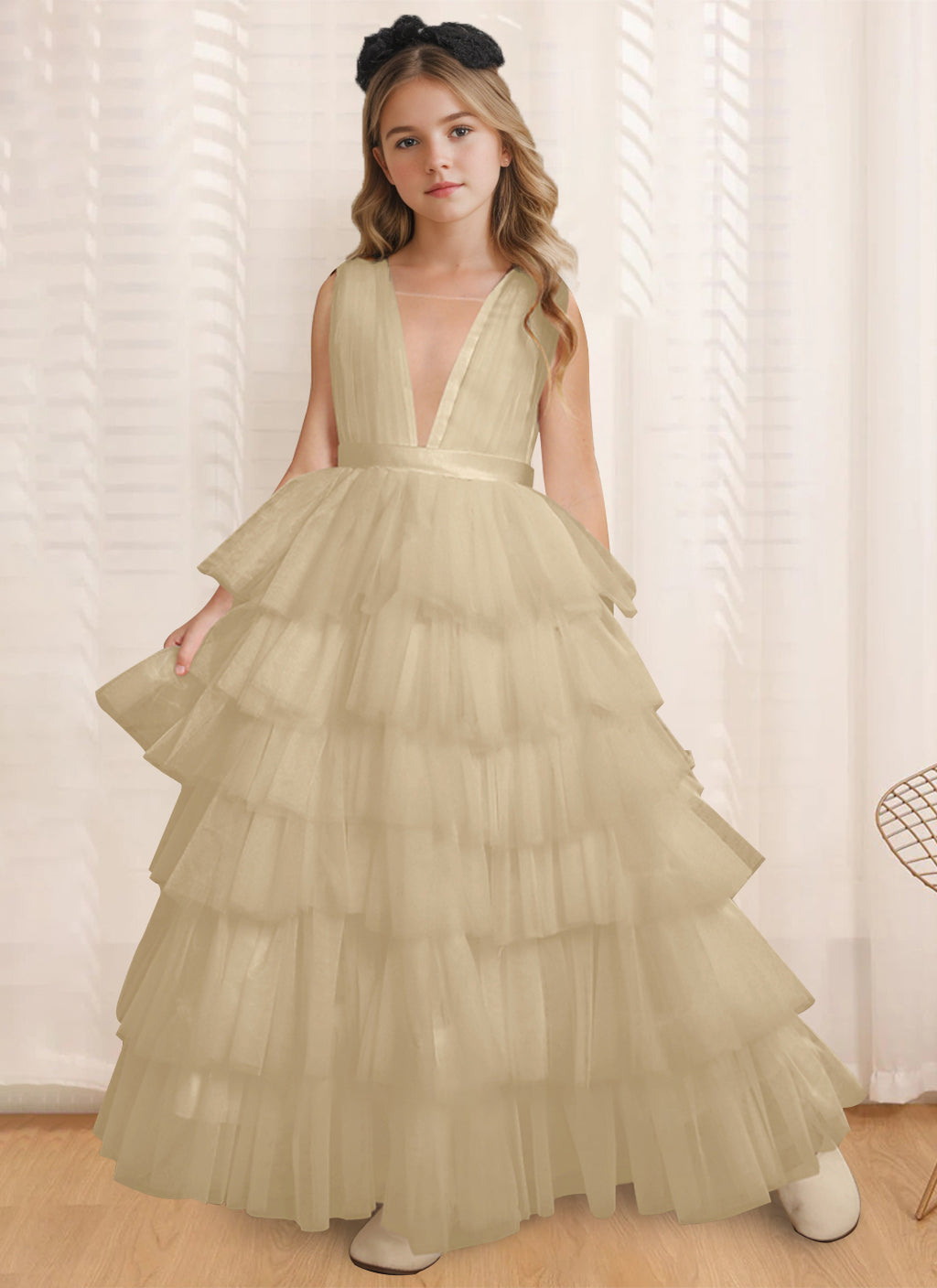 Ball-Gown V-Neck Sleeveless Floor-Length Flower Girl Dress With Ruffles Champagne