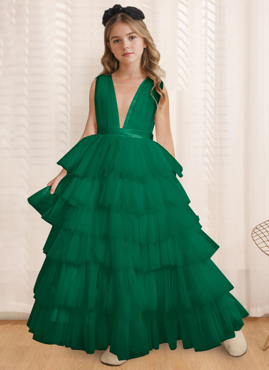 Ball-Gown V-Neck Sleeveless Floor-Length Flower Girl Dress With Ruffles Dark Green