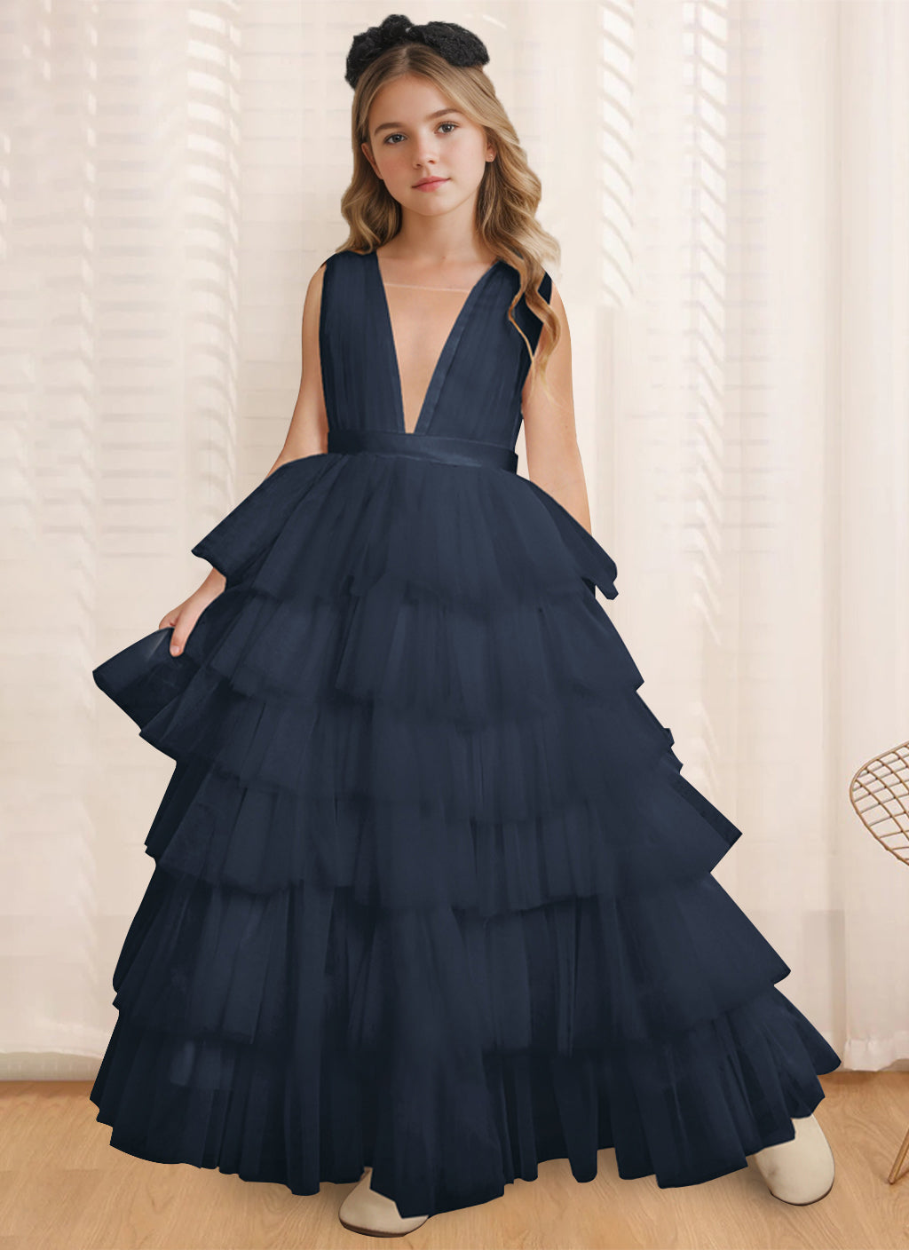 Ball-Gown V-Neck Sleeveless Floor-Length Flower Girl Dress With Ruffles Dark Navy