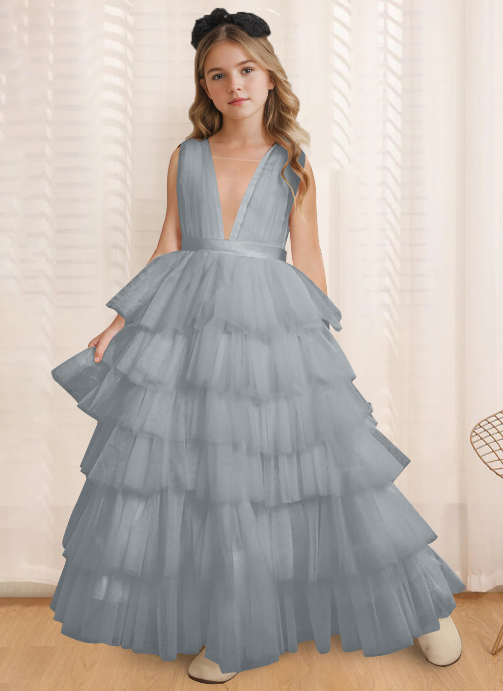 Ball-Gown V-Neck Sleeveless Floor-Length Flower Girl Dress With Ruffles Dusty Blue