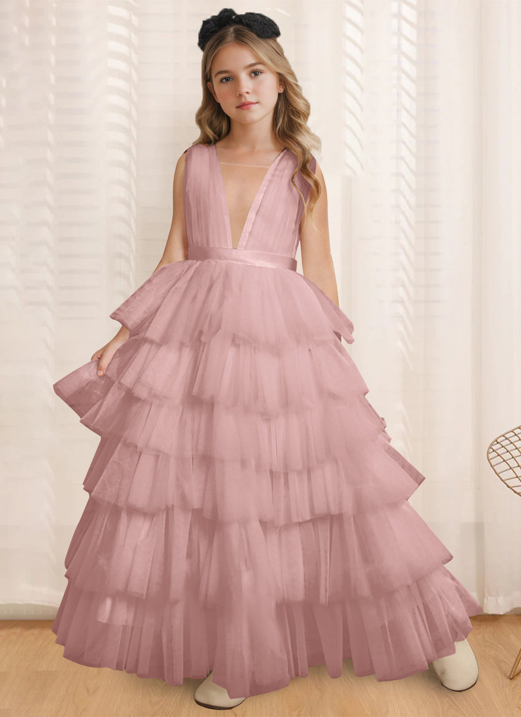 Ball-Gown V-Neck Sleeveless Floor-Length Flower Girl Dress With Ruffles Dusty Rose