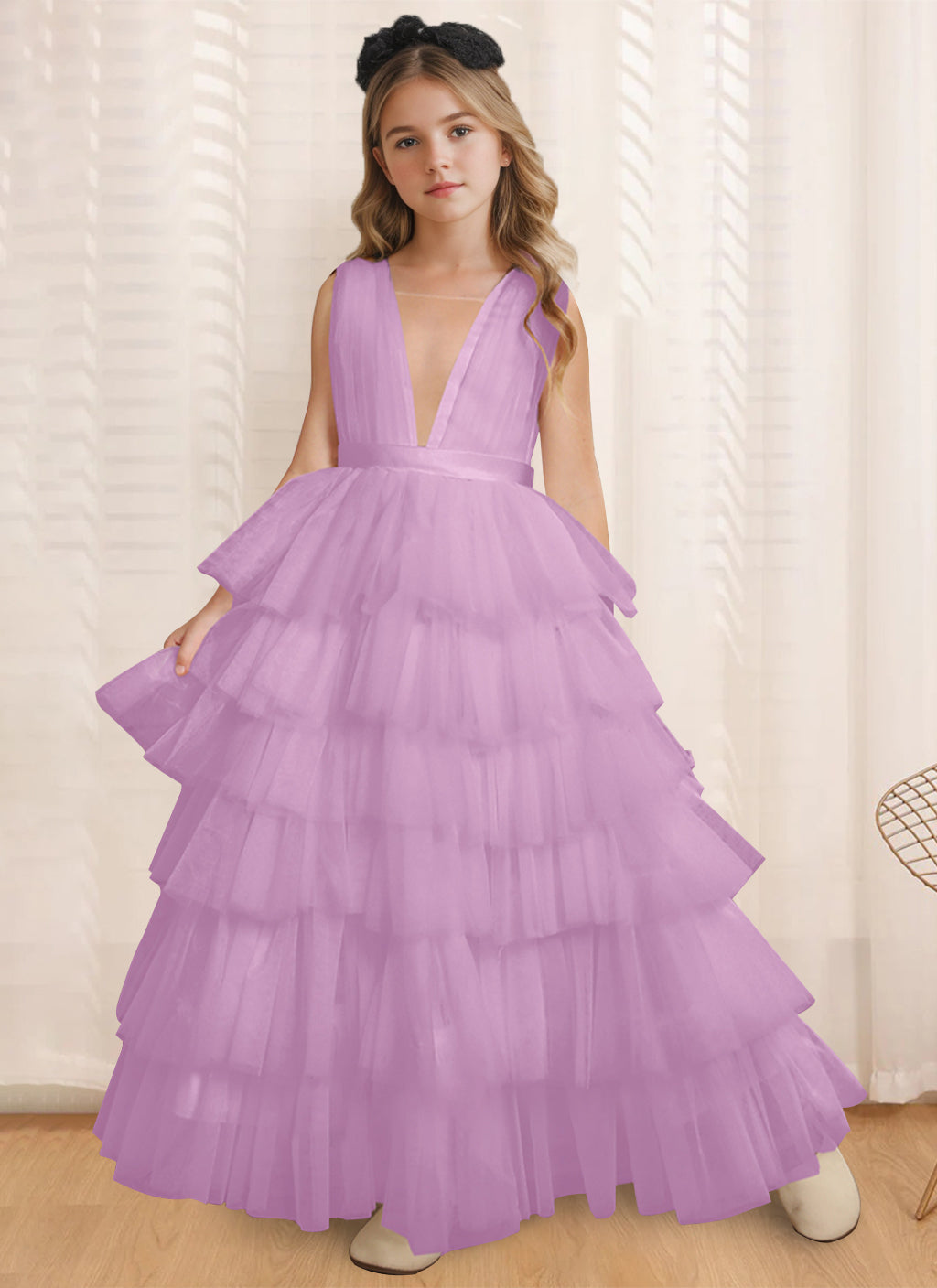 Ball-Gown V-Neck Sleeveless Floor-Length Flower Girl Dress With Ruffles Lilac
