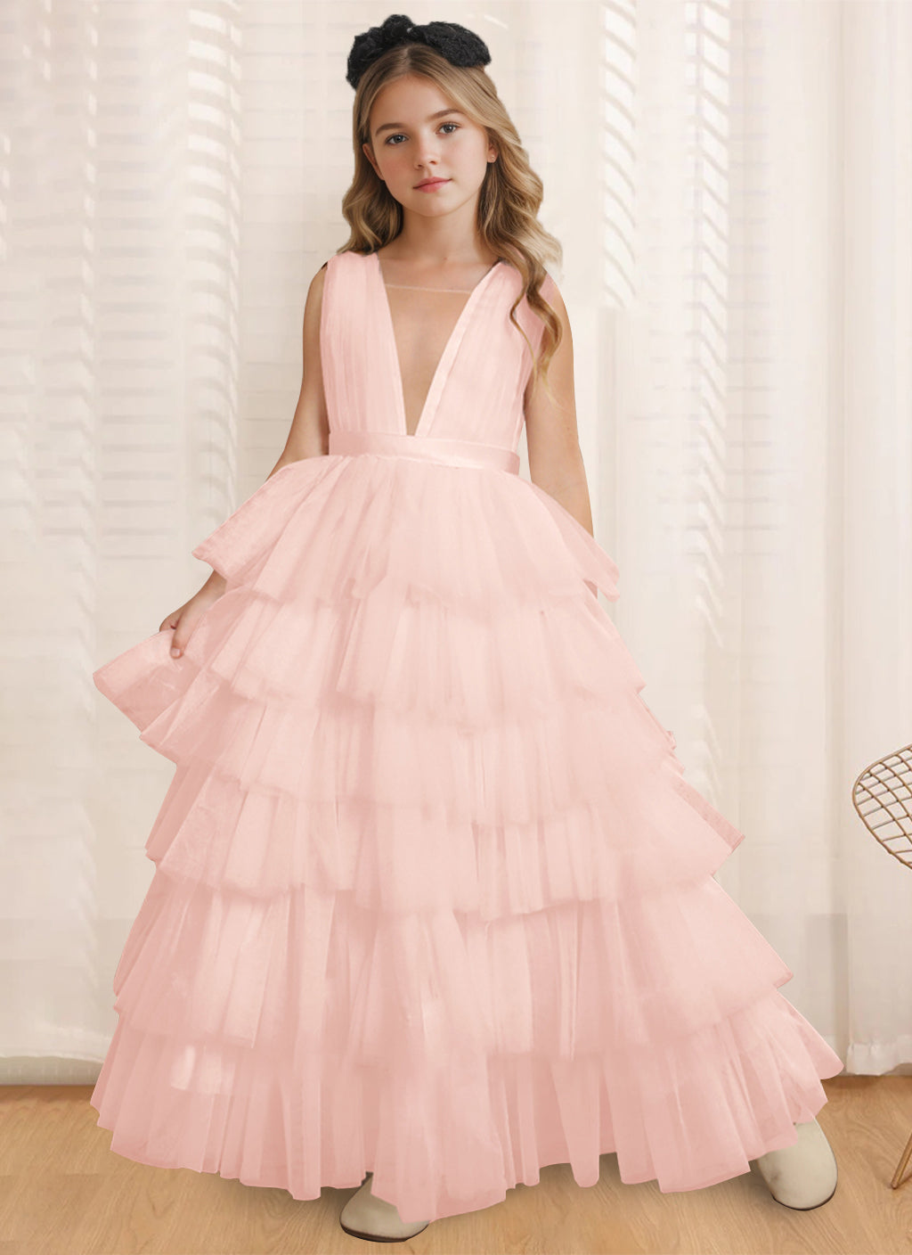 Ball-Gown V-Neck Sleeveless Floor-Length Flower Girl Dress With Ruffles Pearl Pink