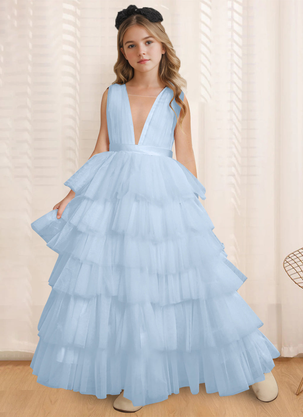 Ball-Gown V-Neck Sleeveless Floor-Length Flower Girl Dress With Ruffles Sky Blue