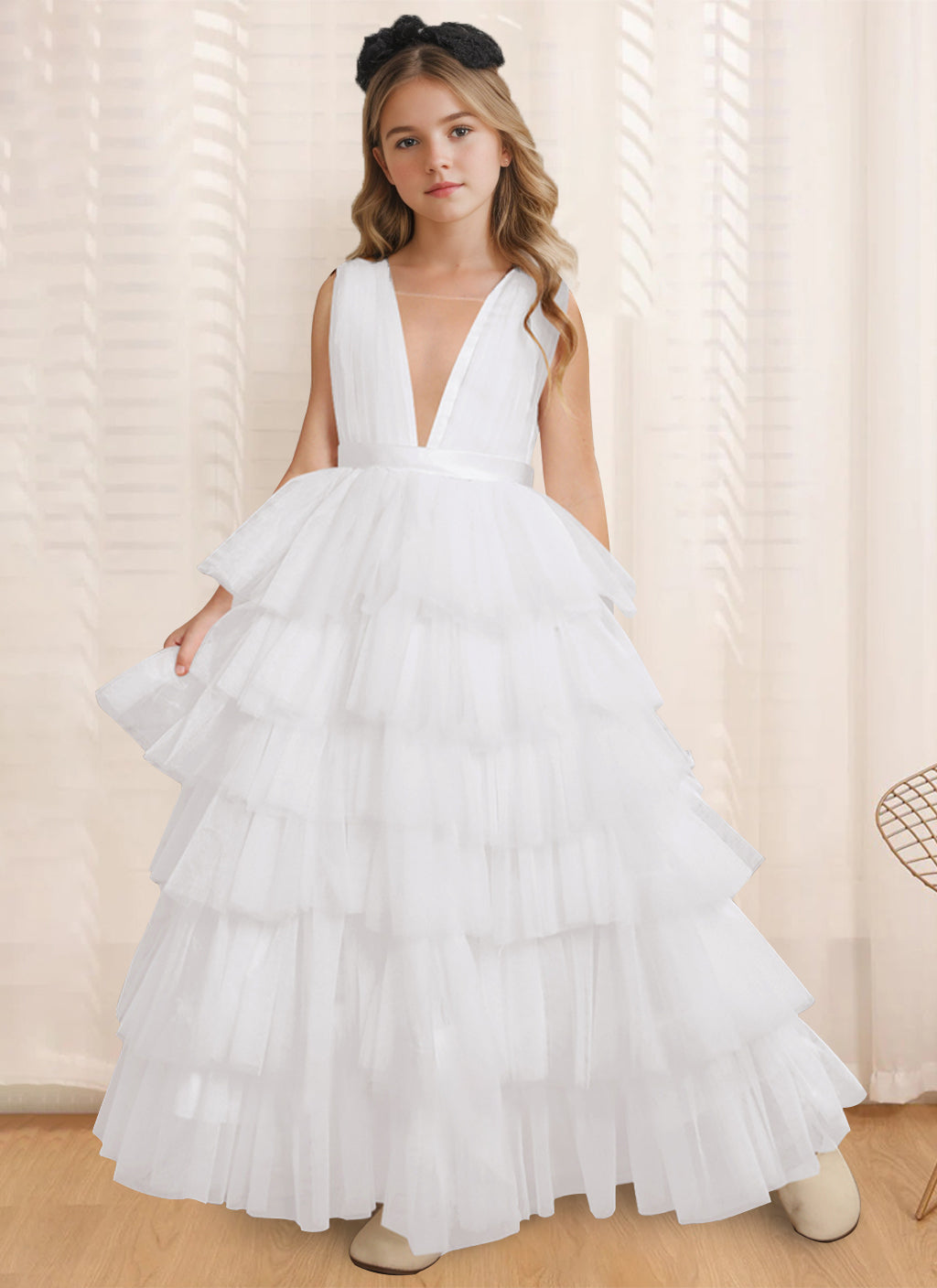 Ball-Gown V-Neck Sleeveless Floor-Length Flower Girl Dress With Ruffles White