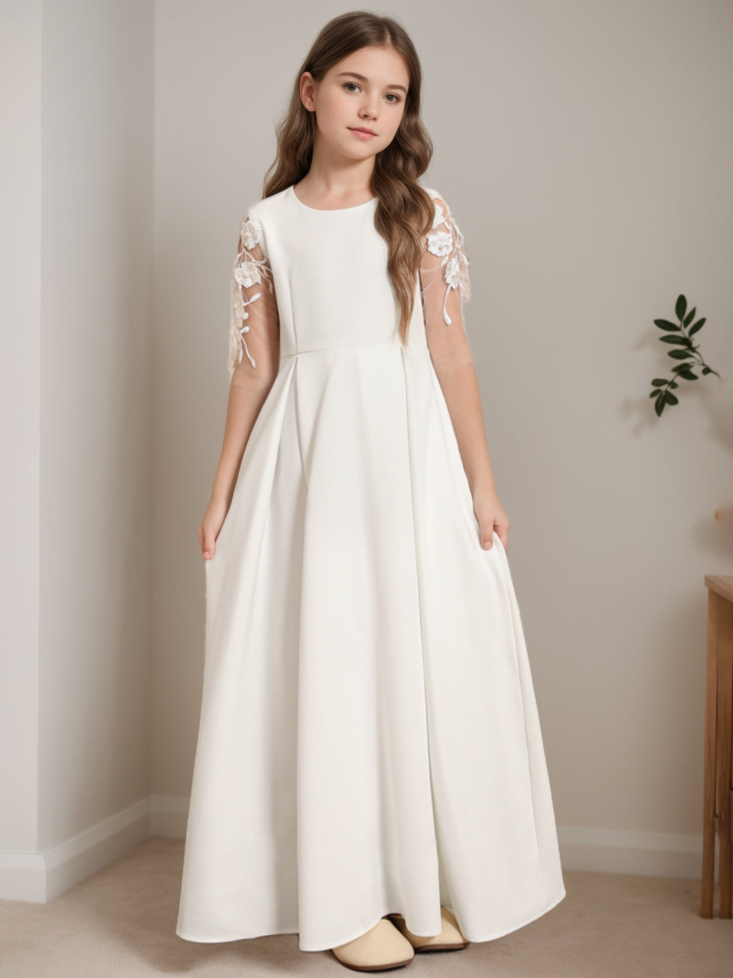 A-Line/Princess Scoop Neck Half Sleeves Floor-Length Flower Girl Dress with Lace Ivory
