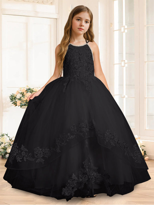 A-Line/Princess Halter Sleeveless Floor-Length Flower Girl Dress with Rhinestone Black