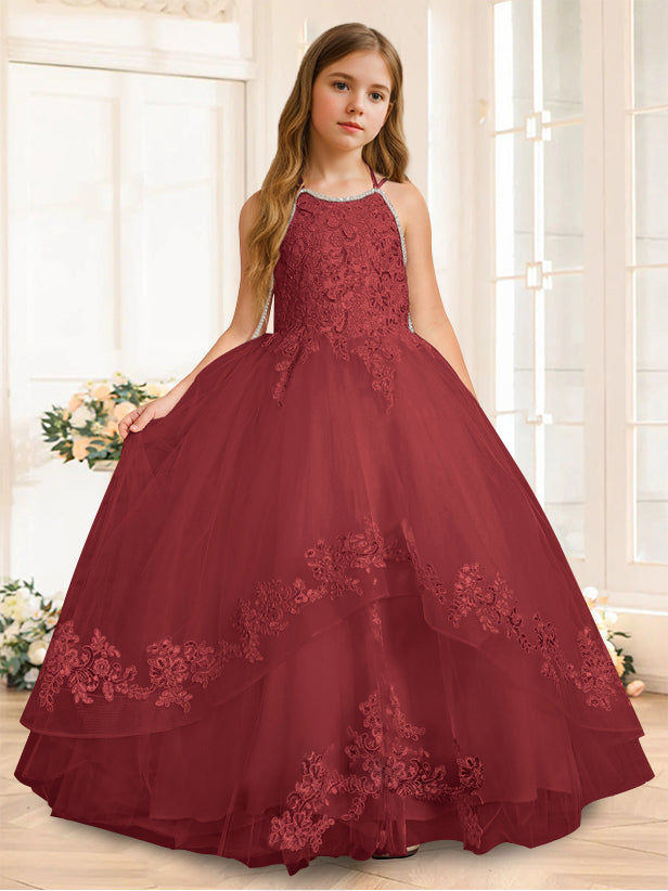 A-Line/Princess Halter Sleeveless Floor-Length Flower Girl Dress with Rhinestone Burgundy