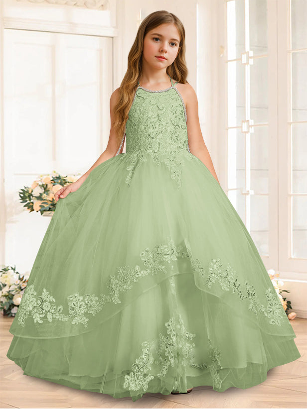 A-Line/Princess Halter Sleeveless Floor-Length Flower Girl Dress with Rhinestone Celadon