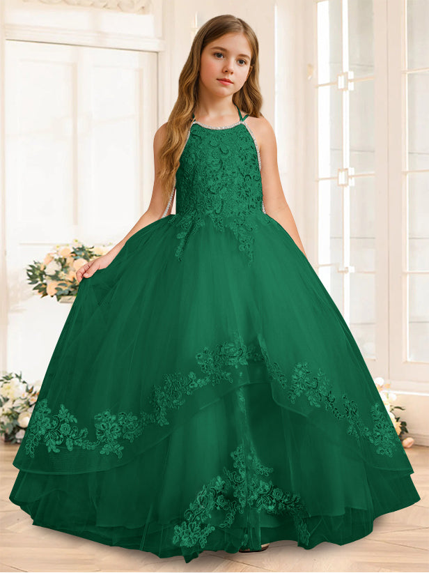 A-Line/Princess Halter Sleeveless Floor-Length Flower Girl Dress with Rhinestone Dark Green