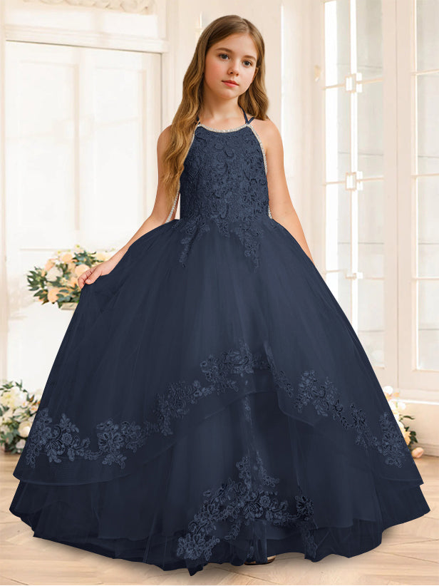 A-Line/Princess Halter Sleeveless Floor-Length Flower Girl Dress with Rhinestone Dark Navy